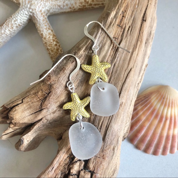 Artisan Jewelry - NEW Genuine White Sea Glass Starfish Earrings